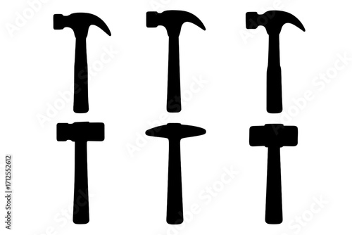 Set of six hammer silhouettes. Claw hammer, sledgehammer, mallet icons collection. Vector graphic for construction, repair, DIY projects. Tool and equipment elements isolated.