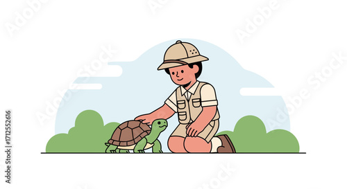 Gentle Explorers: A Young Boy Interacts Lovingly With A Turtle In The Meadow