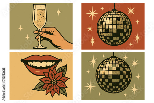 Retro Christmas New Year party poster set. Vintage halftone collage with groovy 70s aesthetic. Disco ball, champagne toast, smile with poinsettia. Festive vector cards.