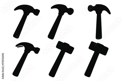 Collection of six black hammer silhouettes. Vector icon set for construction, building, and repair. Carpentry, woodwork and DIY tools. Claw hammer and sledgehammer graphics.