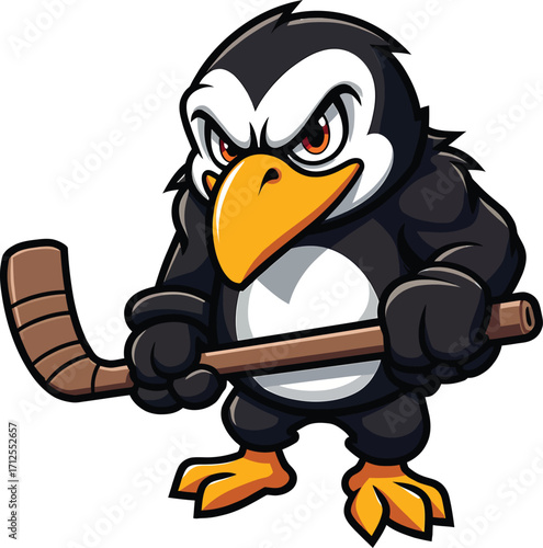 Angry penguin holding hockey stick, competitive arctic bird winter sports mascot