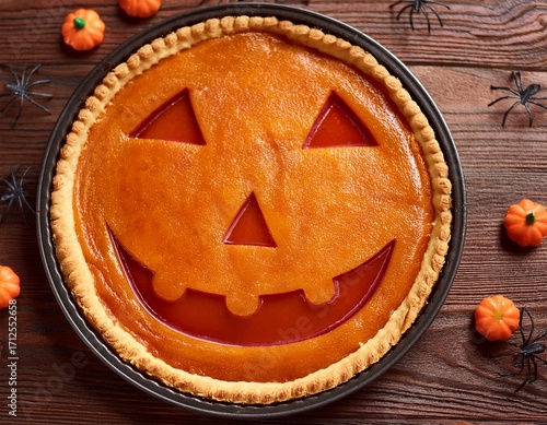 Top view of Jam tart with shortcrust halloween pumpkin shape decoration on a wooden table . Generated image