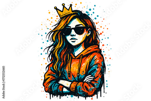 Cool girl with crown in urban street graffiti style. Trendy woman in sunglasses and hoodie with paint splash and drips. Queen concept vector for graphic tee or sweatshirt print.