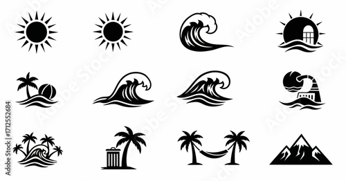 Set of black silhouette icons for summer beach and travel themes.