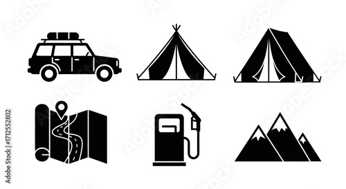 Camping and road trip adventure silhouette icon set.