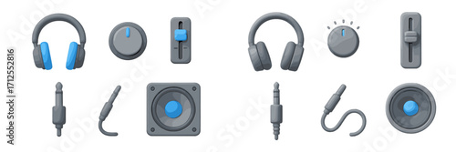 Audio equipment icons: headphones, speakers, knobs, sliders, jack plugs