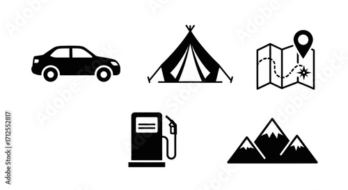 Road trip and outdoor adventure icon collection isolated on white.