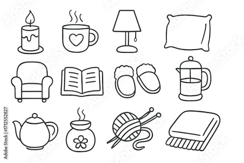 Hygge lifestyle concept line icon set. Cozy home essentials for comfort and relaxation. Vector icons of book, tea, knitting, candle, armchair, slippers, blanket.