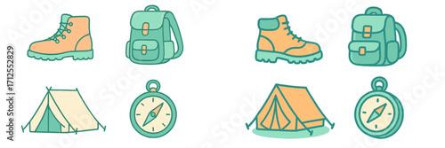 Essential camping gear including boots, backpacks, tents, and compasses for outdoor adventures