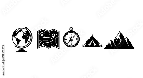 Set of black travel and adventure icons for exploration.