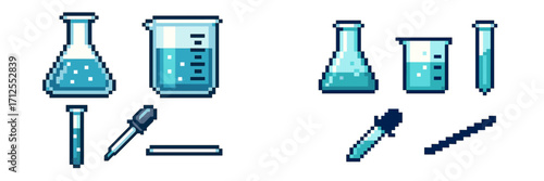 Chemistry tools and laboratory equipment in pixel art style showcasing beakers, flasks, and droppers in a colorful layout