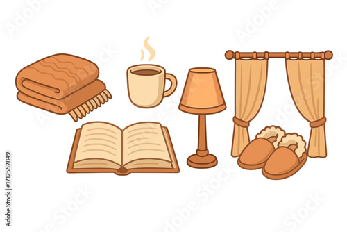Cozy home essentials vector set for a hygge lifestyle. Cartoon illustration collection with a warm blanket, hot coffee mug, open book, lamp, curtains, and slippers.