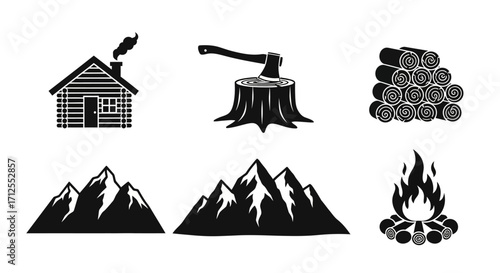 Lumberjack and mountain camping vector icon collection.