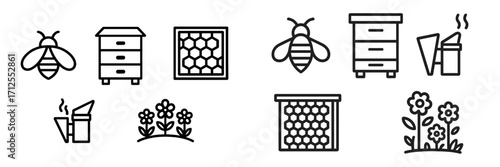 Beekeeping tools and flowers illustrating the process of honey production and pollination