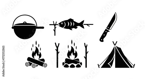 Icon Set Vector Collection of Minimalist Black Camping and Outdoor Silhouettes