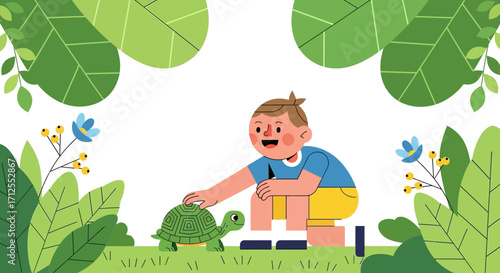Gentle Interaction Between a Child and a Friendly Turtle Amidst Lush Foliage