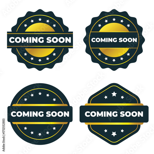 Coming Soon Badges. Gold and Dark Blue Labels  Seals  and Vector Graphics