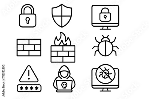 Cybersecurity icon set. Linear icons for internet security and data protection. Hacker, firewall, virus, malware, password, and lock symbols. Vector illustration collection.