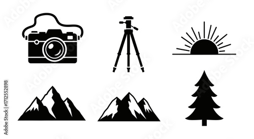 Set of black silhouette icons for outdoor photography and nature exploration.