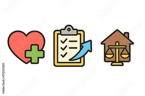 Employee wellness icon set. Health, productivity, work-life balance symbols. Vector illustration for corporate well-being, personal life harmony and performance growth.