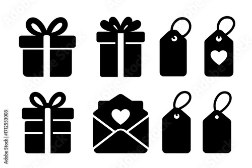 Vector gift icon set with presents, gift boxes with ribbons, and price tags. Black silhouette illustration collection for birthdays, holidays, and sales. Includes love letter.