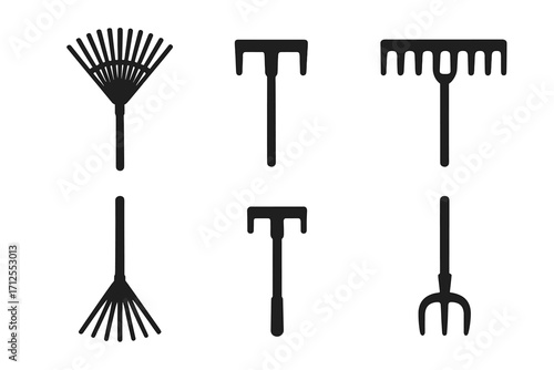 Gardening tool icon set. Diverse rake, pitchfork, and garden fork designs in minimalist silhouette style. Vector illustration of agricultural and yard work equipment. Flat black symbols.