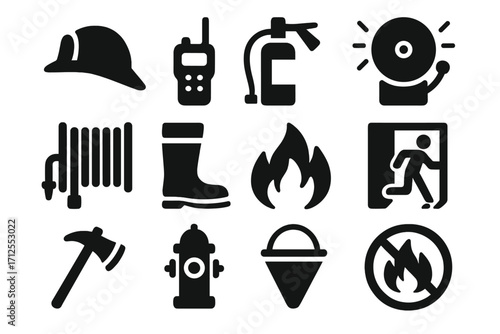 Firefighting and fire safety solid glyph icon set. Vector collection of emergency rescue equipment symbols like extinguisher, hydrant, helmet, axe, and fire exit sign.