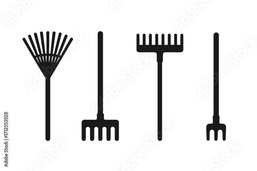 Rake icon set for gardening and farming. Black silhouette collection of diverse garden tools. Vector graphic for lawn care, leaf collection, and agriculture. Minimalist design.