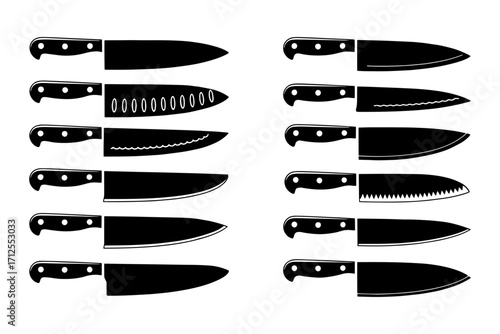 silhouette of various knife  used in culinary environments 