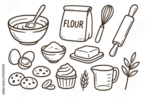 Collection of hand-drawn baking ingredients and kitchen utensils. Vector doodle set with flour, eggs, butter, whisk, rolling pin, cookies, and cupcake for pastry design.
