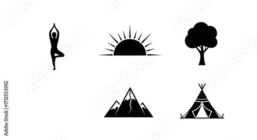 Nature camping and spiritual wellness vector icon set.