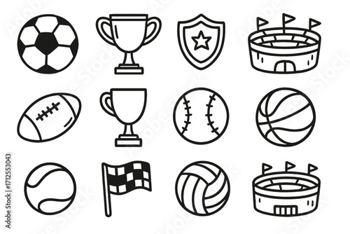 Sports tournament doodle icon set. Hand drawn vector line art illustration. Collection of game equipment, trophy cup, award, stadium, soccer, football, baseball, basketball.