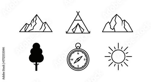 Set of minimalist outdoor adventure and camping line art icons.