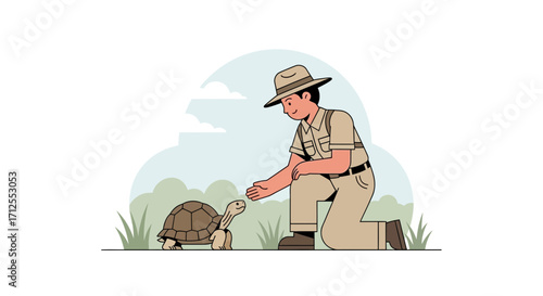 Gentle Park Ranger Interacting With a Friendly Tortoise on a Beautiful Day
