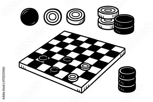 Hand drawn checkers game set. Vector collection of draughts board and pieces. Cartoon illustration for classic board games, strategy, tactics, leisure, and competition concept.