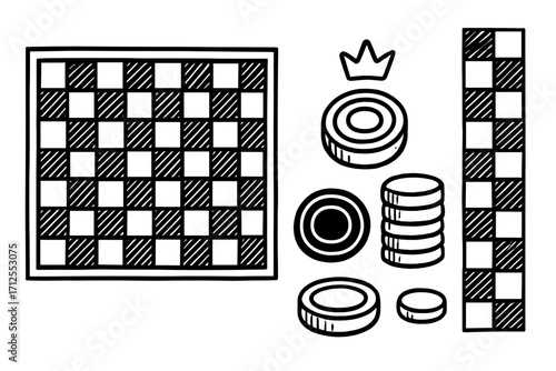 Hand drawn checkers game vector icon set. Doodle illustration of draughts board, pieces, king, and crown. Black and white cartoon strategy boardgame elements collection.