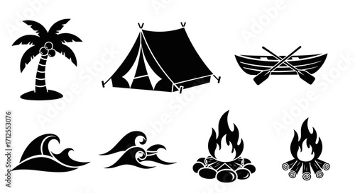 Outdoor adventure and beach vacation silhouette icons set.