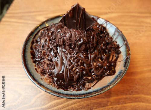 Chocolate Bingsu Dessert with Ice Cream and Syrup