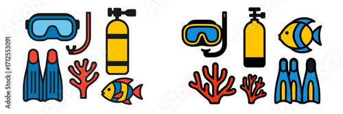 Diving equipment and marine life illustration for underwater adventure learning