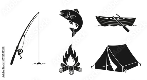 Set of black silhouette icons for fishing and camping activities.