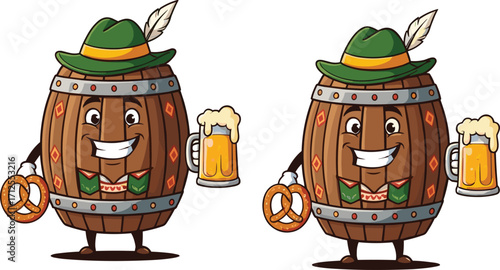 Funny beer barrel characters wearing traditional Bavarian hats, holding pretzel and beer mugs, Oktoberfest celebration, cartoon festival, festive German party