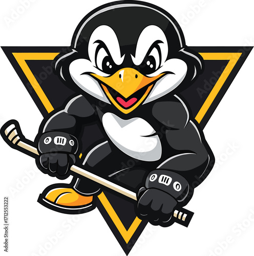 Energetic penguin athlete playing ice hockey, cheerful arctic bird sports mascot