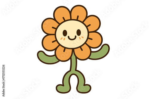 Funny flower character in trendy retro cartoon style. Cute groovy 70s daisy mascot with a smile. Happy floral vector illustration for kids print, sticker or comic element.