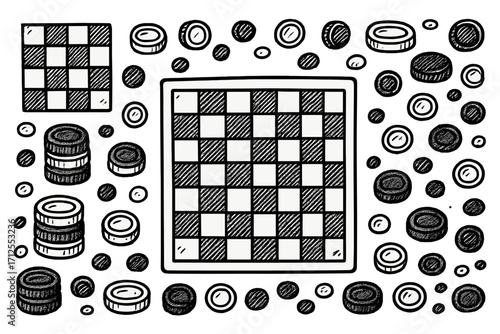 Hand drawn checkers and draughts game elements set. Doodle sketch vector illustration of a checkerboard, pieces, and stacks. Isolated strategy board game concept pattern.