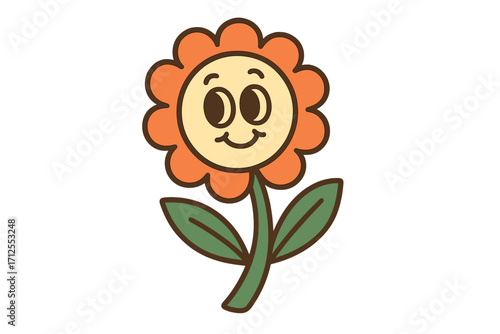 Funny flower character with a cute smiling face. Groovy comic mascot in trendy retro 70s style. Vector floral illustration for baby textile print and kids sticker design.