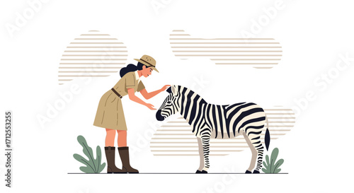 Gentle Zookeeper Interacting Peacefully With A Beautiful Striped Zebra In Its Habitat