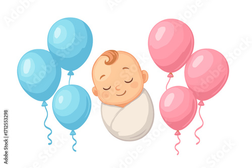 Gender reveal party banner element. Boy or girl question with blue and pink helium balloons. Cute newborn baby vector illustration for baby shower poster, sticker or card.