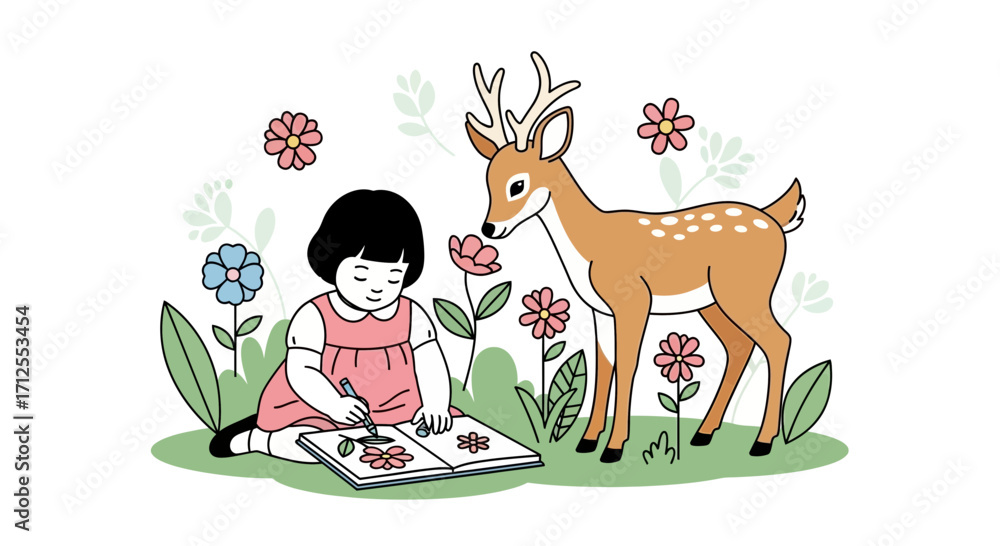 Obraz premium Girl And Deer Enjoy A Day Of Art And Nature With Flowers And Greenery