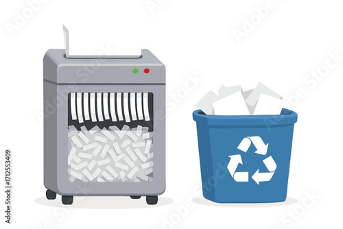 Office paper shredder destroying documents and recycle bin for paper waste. Concept data security, confidential information protection, and ecology recycling. Flat vector illustration.