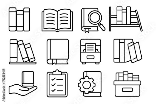 Library icons set for book management and organization. Linear vector symbols for reading, learning, bookstore, and education. Archive, research, knowledge, and literature concepts.